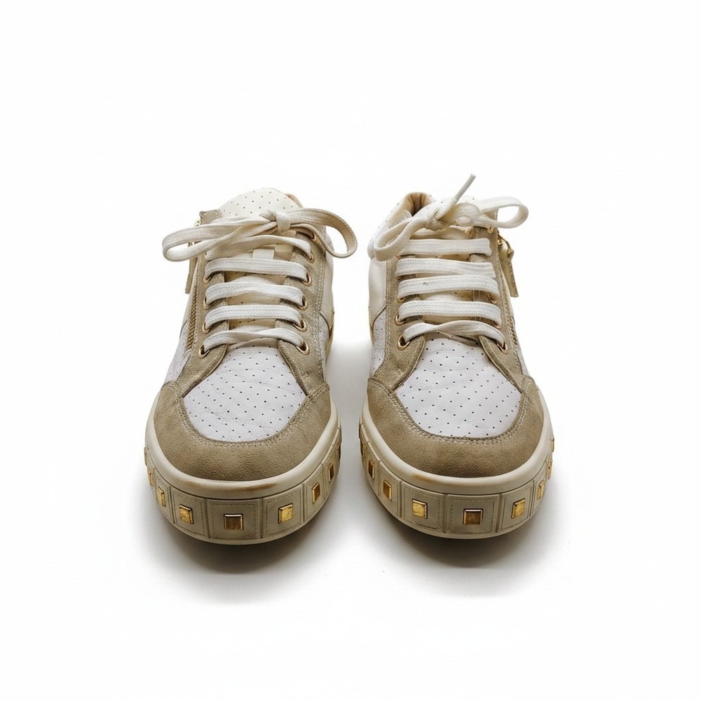 Geox White Leather Taupe Suede Leelu' E Gold Studs Zippers Women's 9 Sneakers